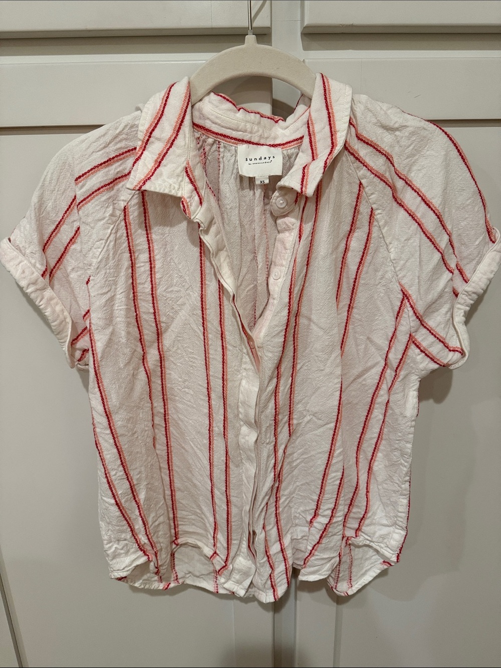sundays White Short-Sleeve Button-Up with Red Stripes